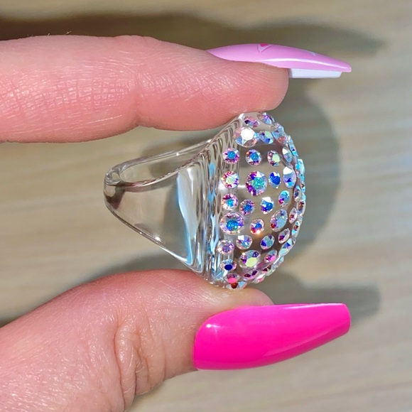 Clear Acrylic Ring Embellished With Aurora borealis Swarovski Crystal stones. - Picture 4 of 12